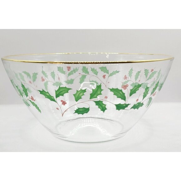 Lenox Arcoroc Christmas Holly Berry 9” Clear Glass Serving Bowl with Gold Trim - Picture 1 of 11